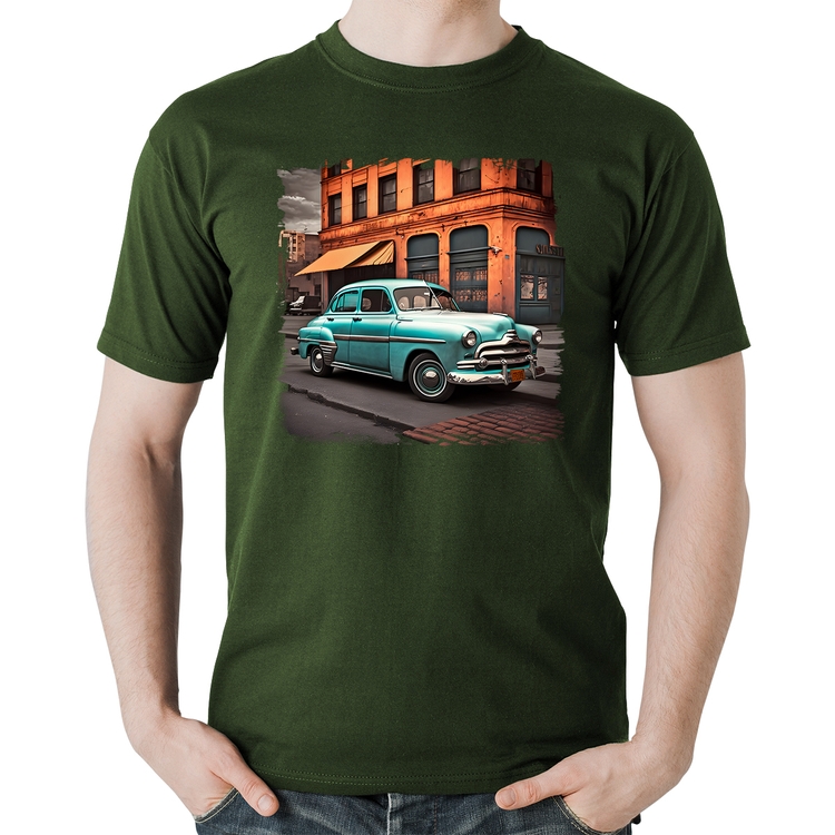 Camiseta Algodão Carro retrô na cidade - Musgo