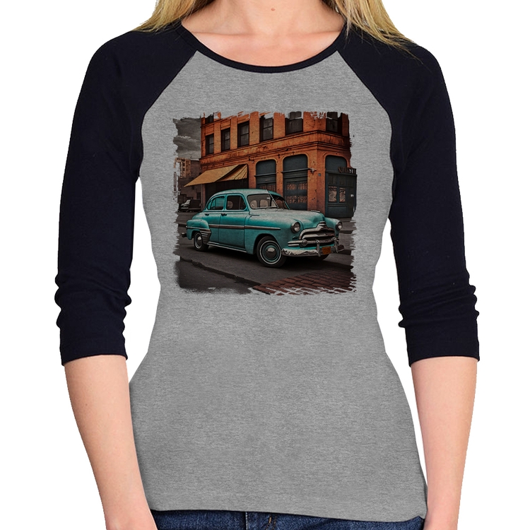 Baby Look Raglan Carro retrô na cidade Manga 3/4 - Cinza/Preto