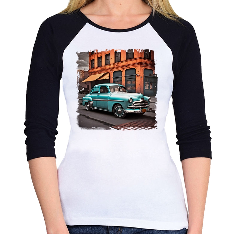 Baby Look Raglan Carro retrô na cidade Manga 3/4