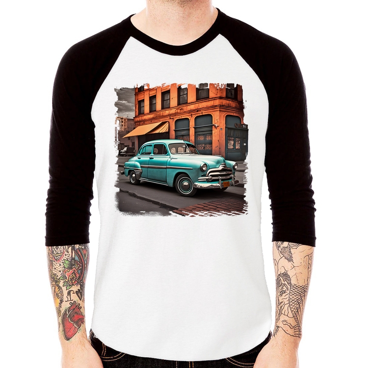 Camiseta Raglan Carro retrô na cidade Manga 3/4