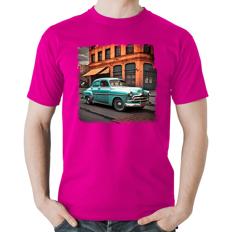 Camiseta Algodão Carro retrô na cidade - Rosa
