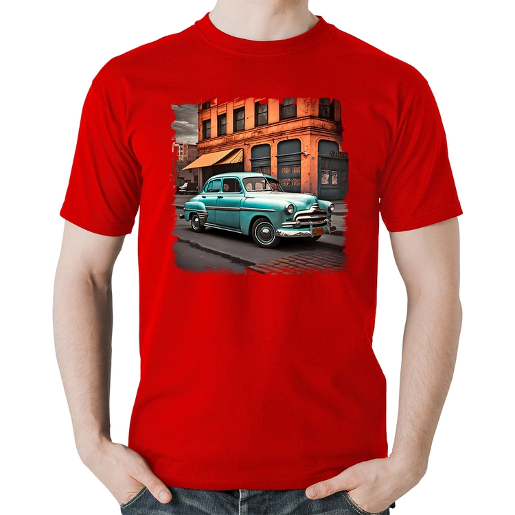 Camiseta Algodão Carro retrô na cidade - Vermelha