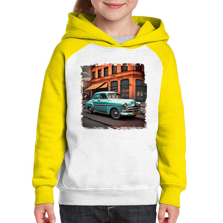Moletom Infantil Carro retrô na cidade - Branco/Amarelo