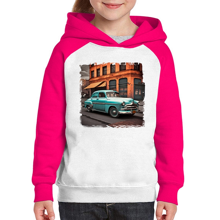 Moletom Infantil Carro retrô na cidade - Branco/Rosa