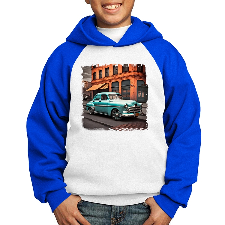 Moletom Infantil Carro retrô na cidade - Branco/Azul
