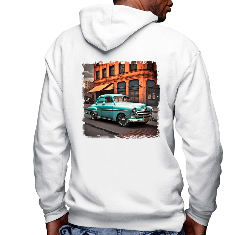 Blusa Moletom Carro retrô na cidade Masculina com Capuz e Zíper - Branca