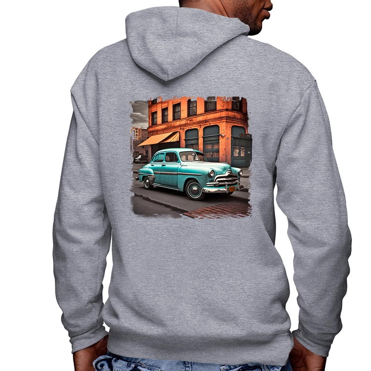 Blusa Moletom Carro retrô na cidade Masculina com Capuz e Zíper - Mescla