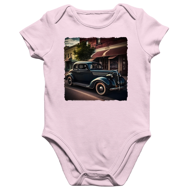 Body Bebê Algodão Carro vintage na cidade - Rosa Bebê