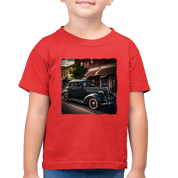Camiseta Algodão Infantil Carro vintage na cidade - Vermelha