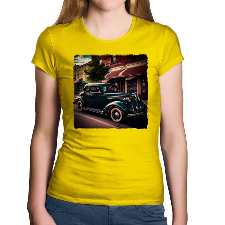 Baby Look Algodão Carro vintage na cidade - Amarela