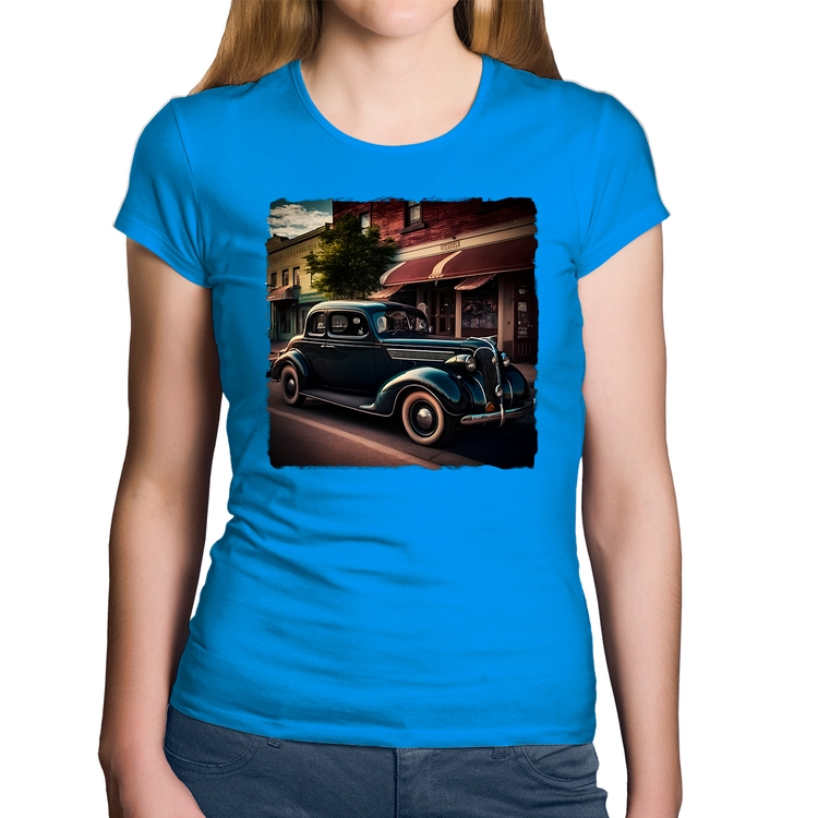 Baby Look Algodão Carro vintage na cidade - Azul