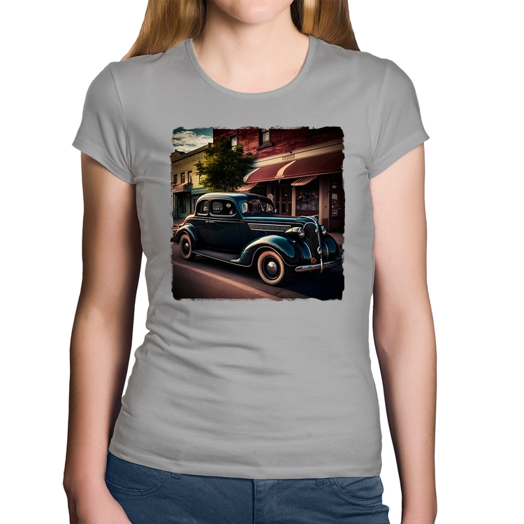 Baby Look Algodão Carro vintage na cidade - Cinza