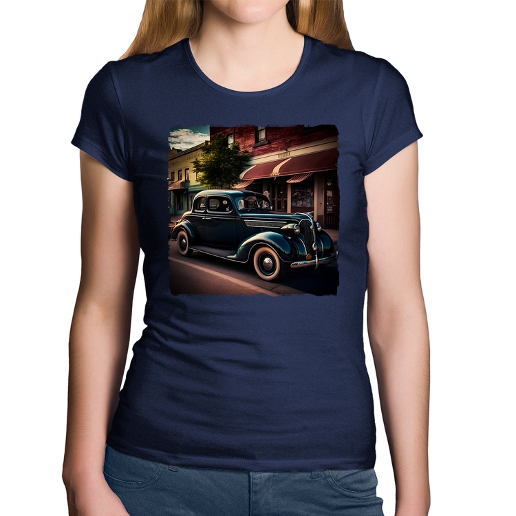 Baby Look Algodão Carro vintage na cidade - Marinho