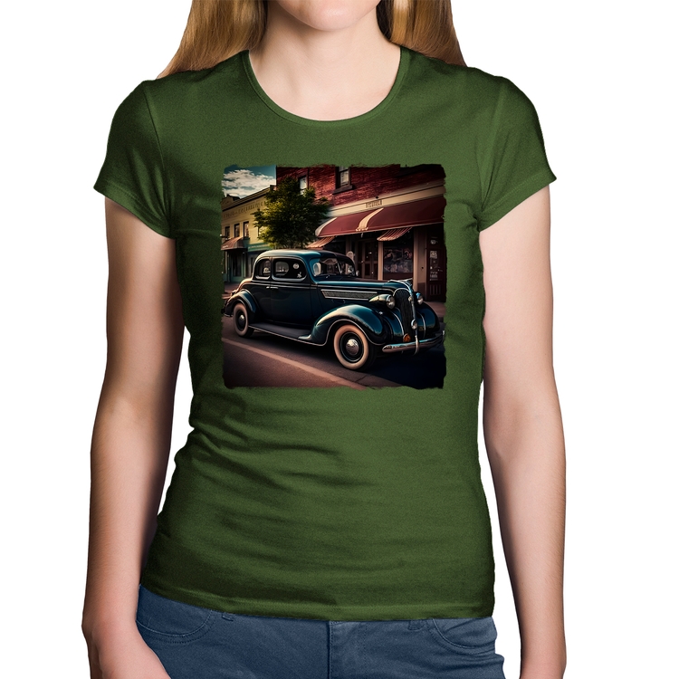 Baby Look Algodão Carro vintage na cidade - Musgo