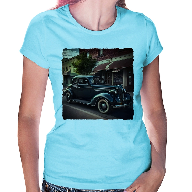 Baby Look Carro vintage na cidade - Azul Bebê