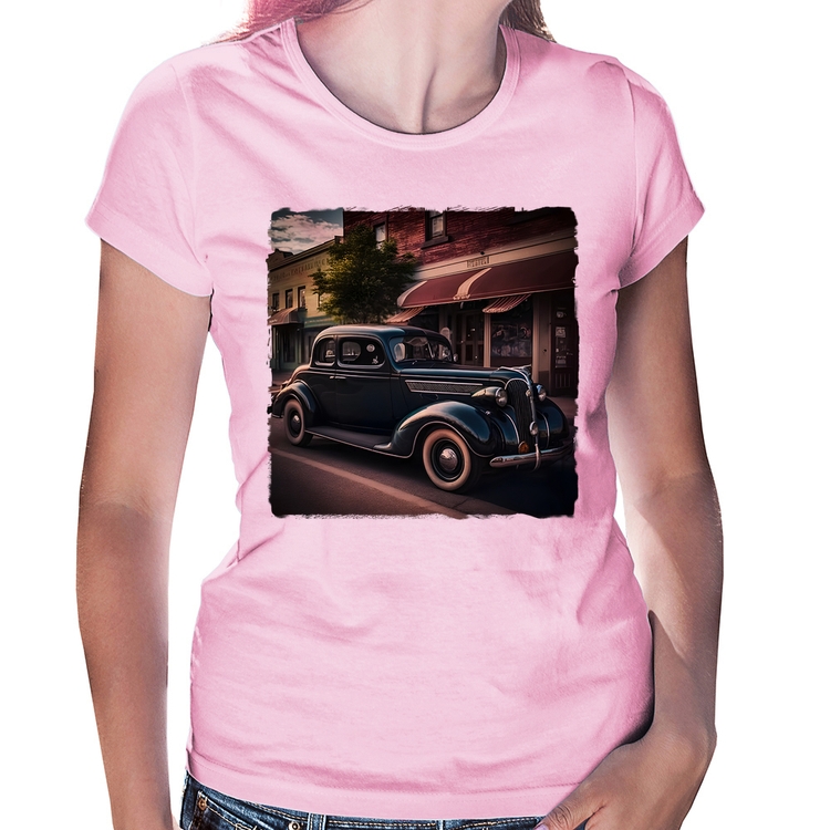 Baby Look Carro vintage na cidade - Rosa Bebê