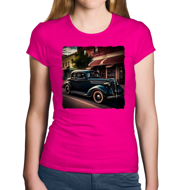 Baby Look Algodão Carro vintage na cidade - Rosa