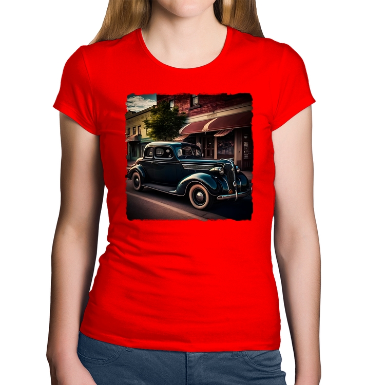 Baby Look Algodão Carro vintage na cidade - Vermelha