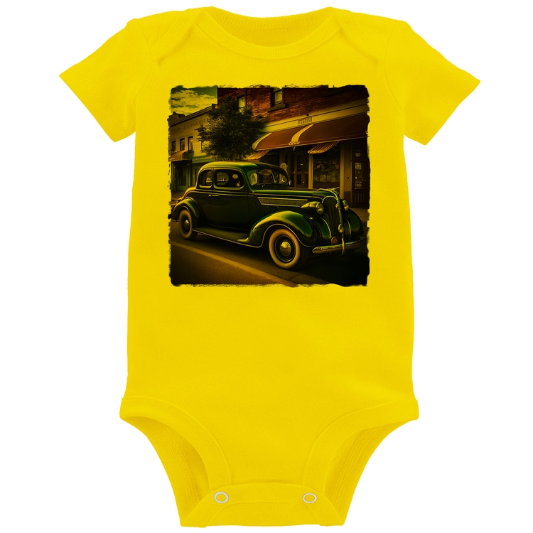 Body Bebê Carro vintage na cidade - Amarelo