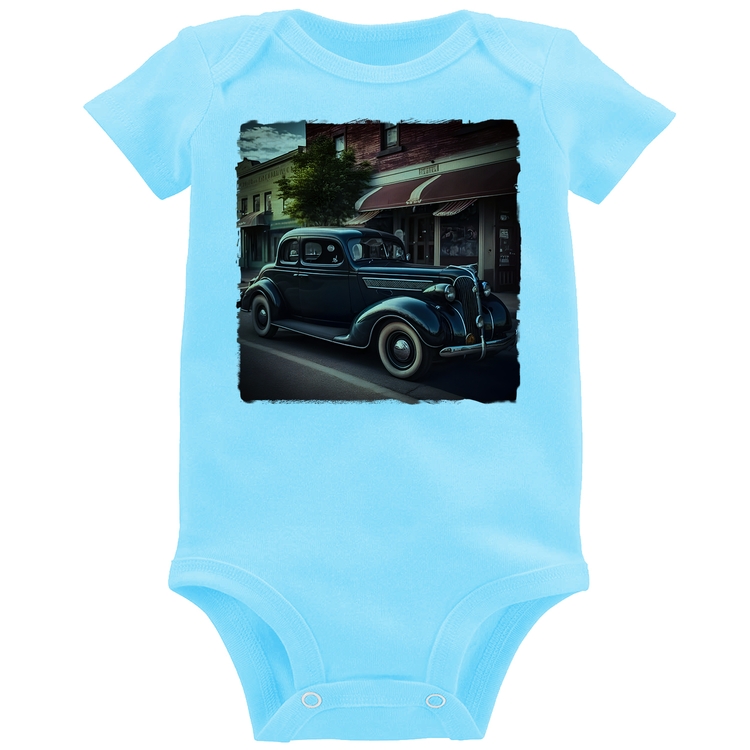 Body Bebê Carro vintage na cidade - Azul Bebê