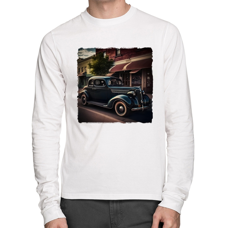 Camiseta Algodão Carro vintage na cidade Manga Longa - Branca