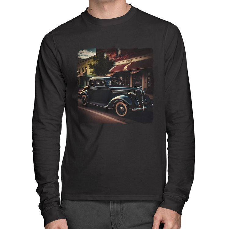 Camiseta Algodão Carro vintage na cidade Manga Longa