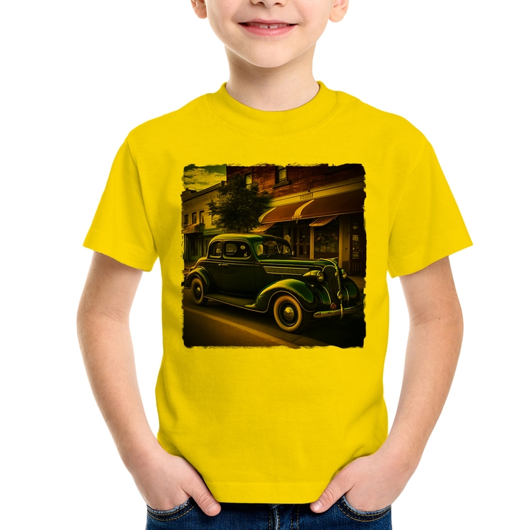Camiseta Infantil Carro vintage na cidade - Amarela