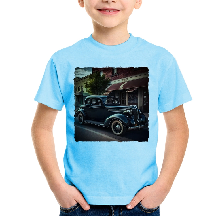 Camiseta Infantil Carro vintage na cidade - Azul Bebê