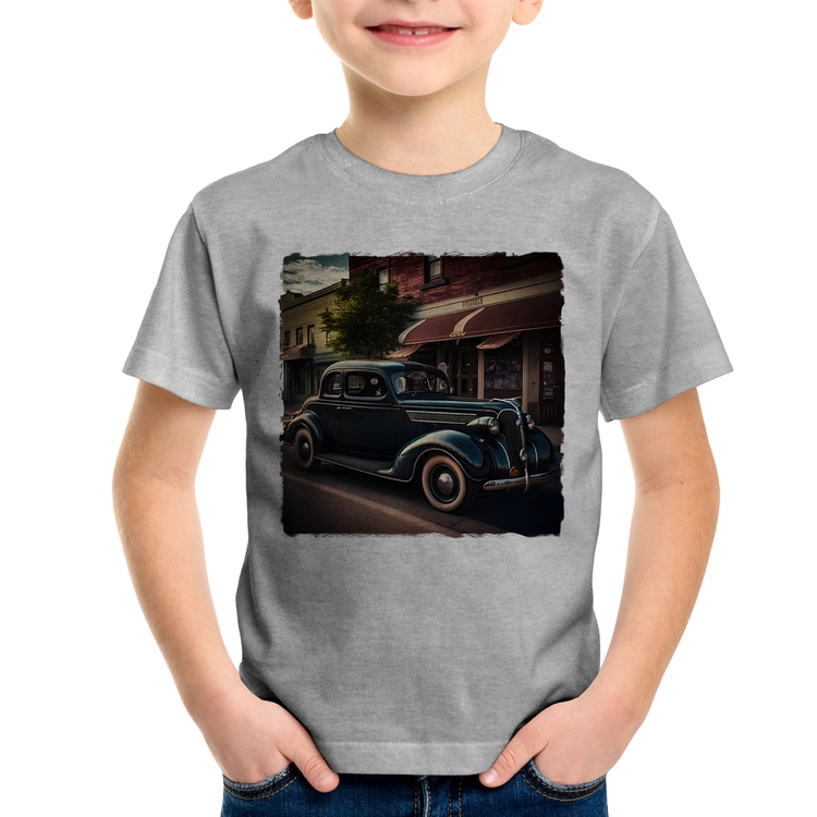Camiseta Infantil Carro vintage na cidade - Cinza