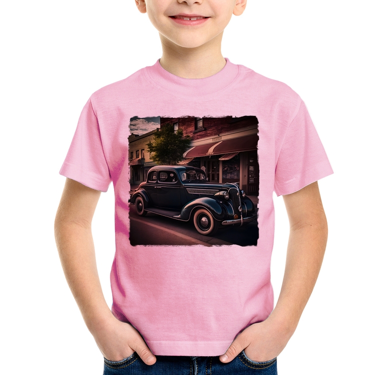 Camiseta Infantil Carro vintage na cidade - Rosa Bebê