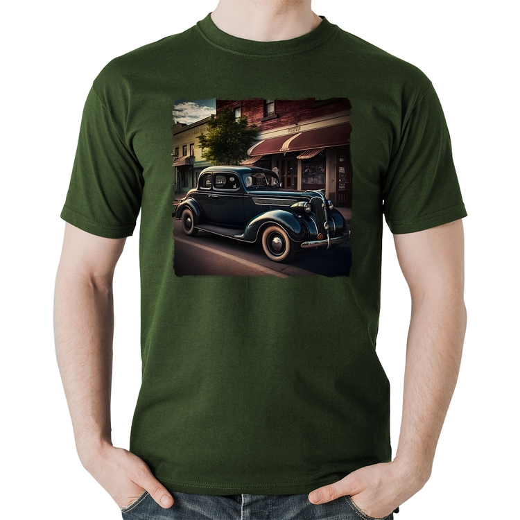 Camiseta Algodão Carro vintage na cidade - Musgo