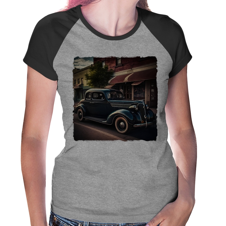 Baby Look Raglan Carro vintage na cidade - Cinza/Preto