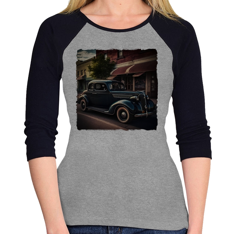 Baby Look Raglan Carro vintage na cidade Manga 3/4 - Cinza/Preto