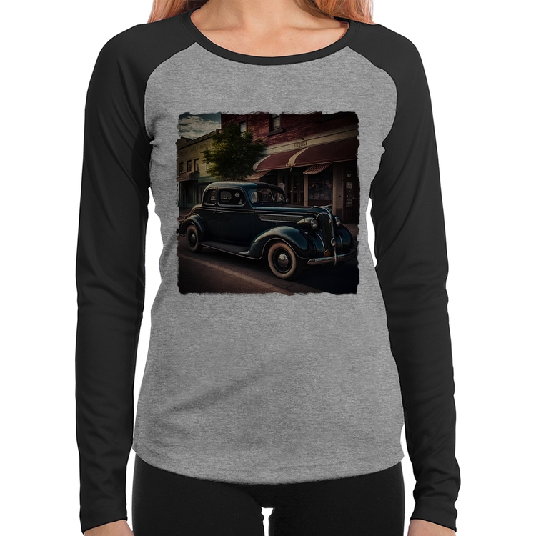 Baby Look Raglan Carro vintage na cidade Manga Longa - Cinza/Preto