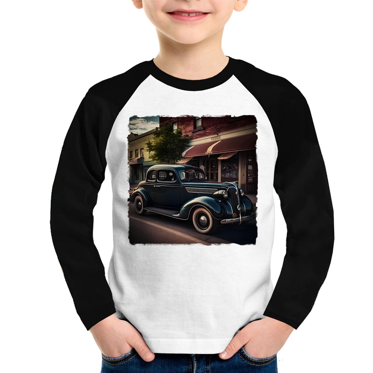 Camiseta Raglan Infantil Carro vintage na cidade Manga Longa
