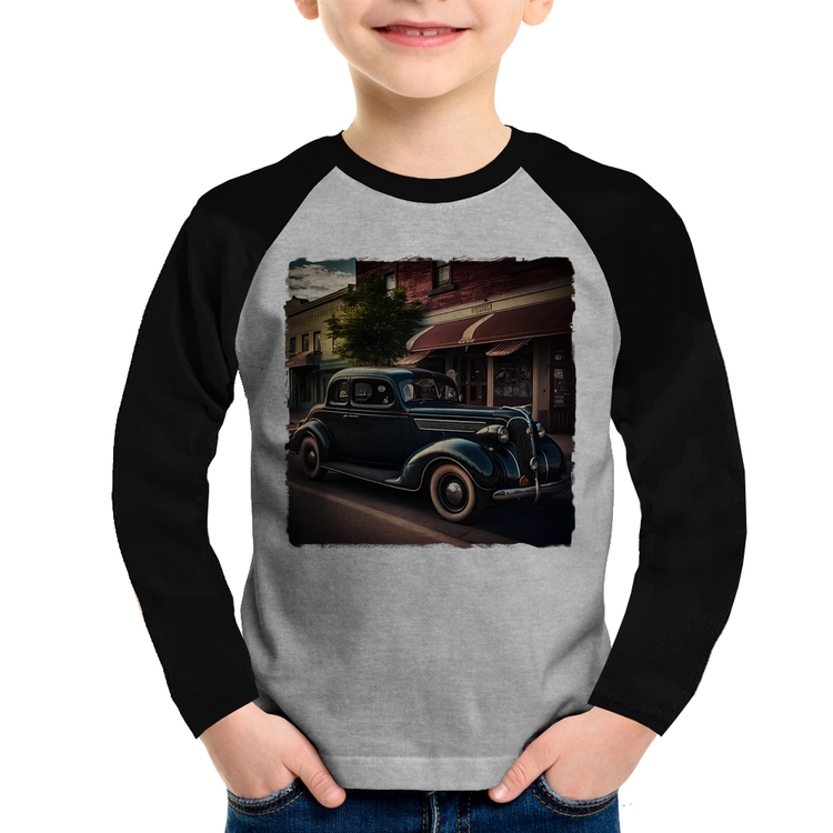 Camiseta Raglan Infantil Carro vintage na cidade Manga Longa - Cinza/Preto