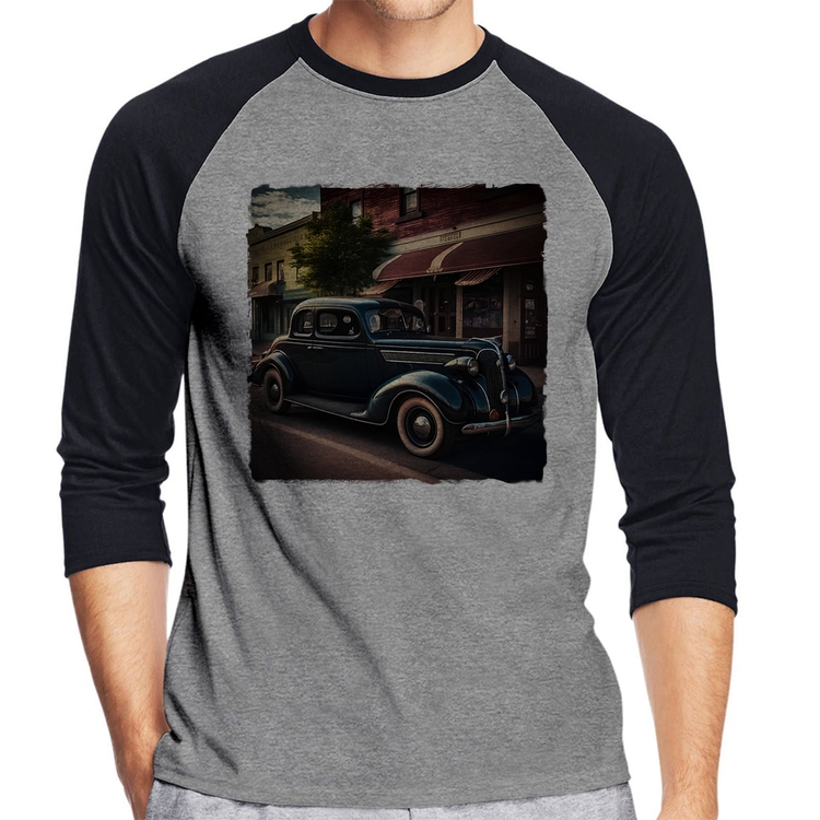 Camiseta Raglan Carro vintage na cidade Manga 3/4 - Cinza/Preto