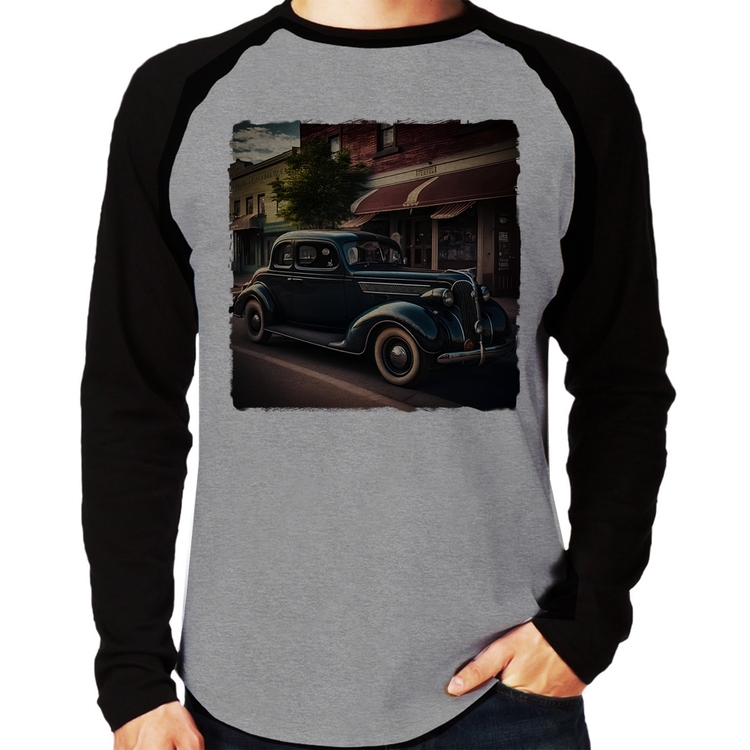 Camiseta Raglan Carro vintage na cidade Manga Longa - Cinza/Preto