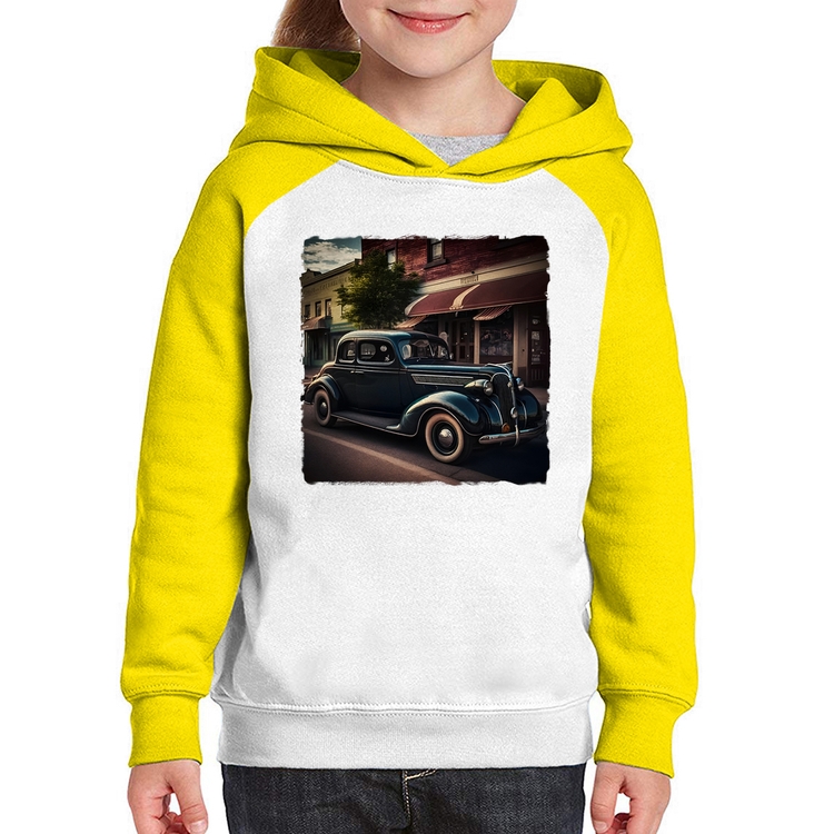 Moletom Infantil Carro vintage na cidade - Branco/Amarelo