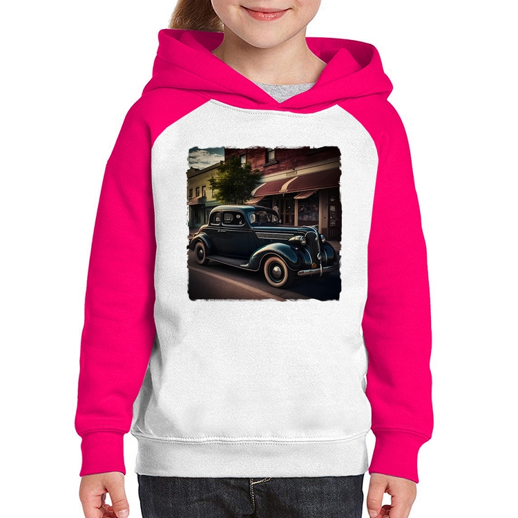 Moletom Infantil Carro vintage na cidade - Branco/Rosa