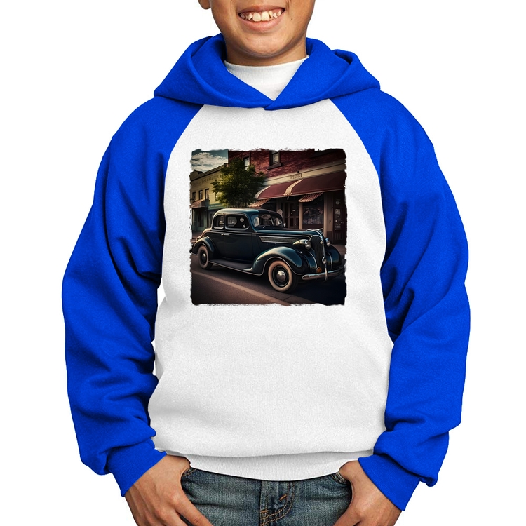 Moletom Infantil Carro vintage na cidade - Branco/Azul