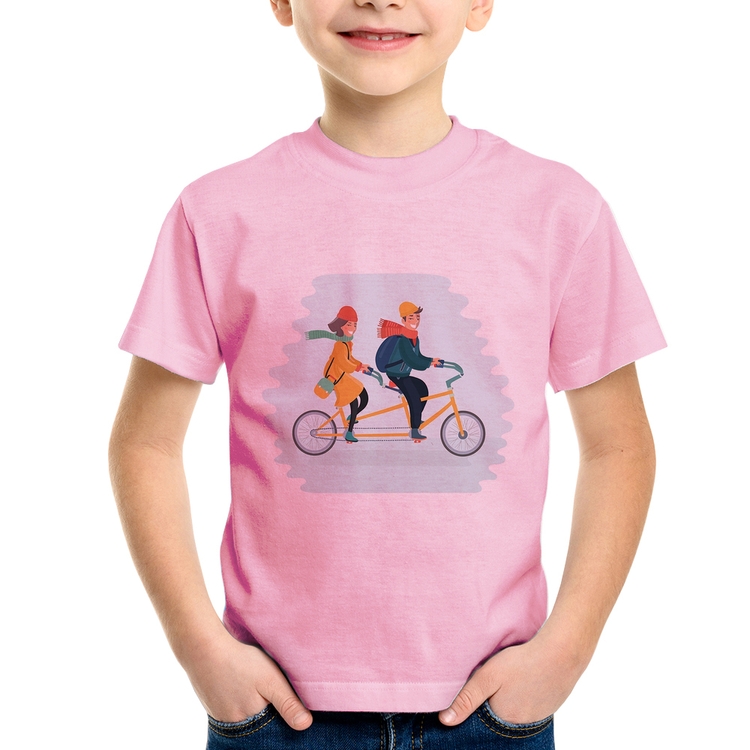 Camiseta Infantil Casal  Bicicleta - Rosa Bebê
