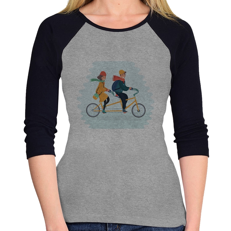 Baby Look Raglan Casal  Bicicleta Manga 3/4 - Cinza/Preto