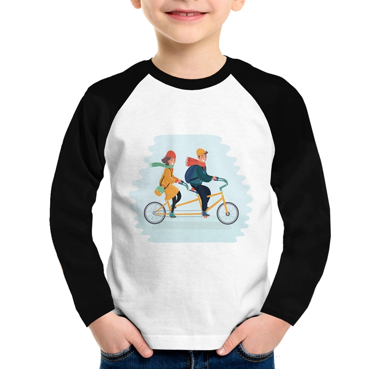 Camiseta Raglan Infantil Casal  Bicicleta Manga Longa