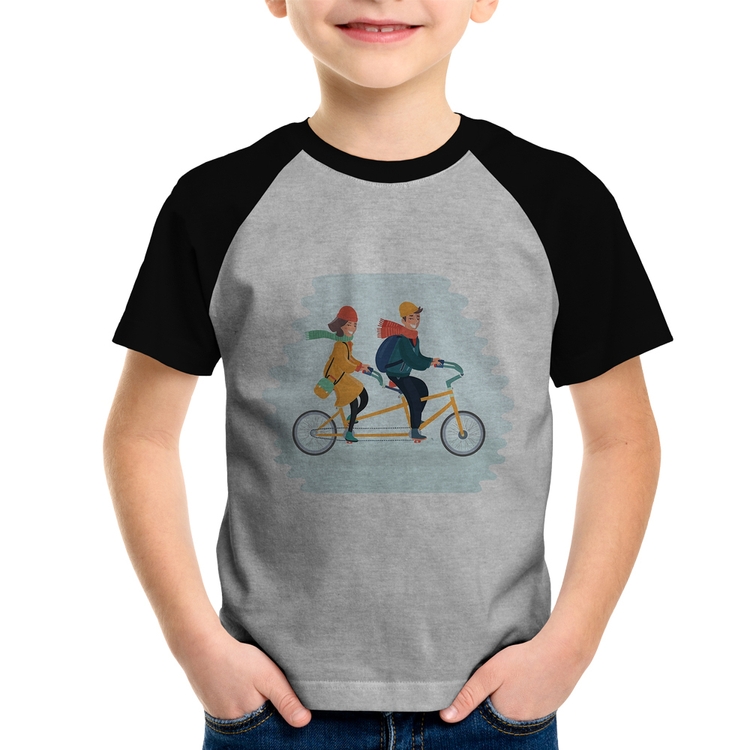 Camiseta Raglan Infantil Casal  Bicicleta - Cinza/Preto