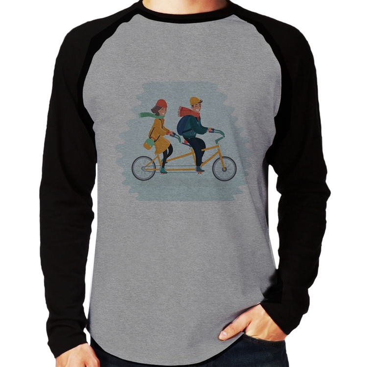 Camiseta Raglan Casal  Bicicleta Manga Longa - Cinza/Preto