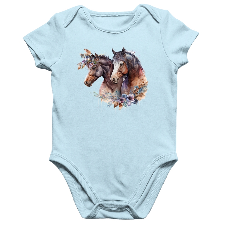 Body Bebê Algodão Casal de cavalos e flores - Azul Bebê