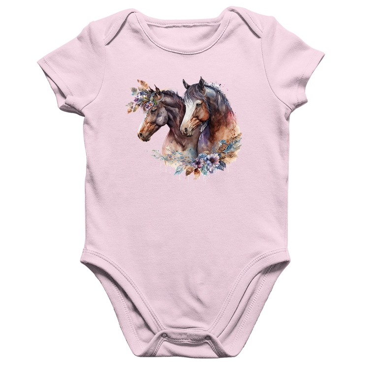 Body Bebê Algodão Casal de cavalos e flores - Rosa Bebê