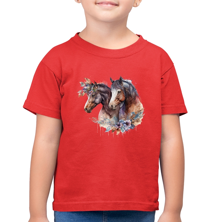 Camiseta Algodão Infantil Casal de cavalos e flores - Vermelha