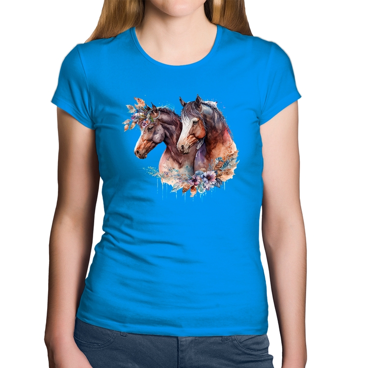 Baby Look Algodão Casal de cavalos e flores - Azul